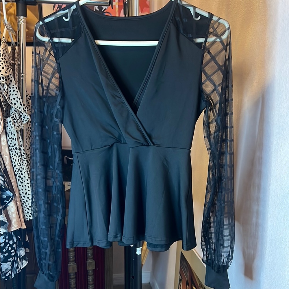 Elegant Black Sheer Sleeve Women's Top